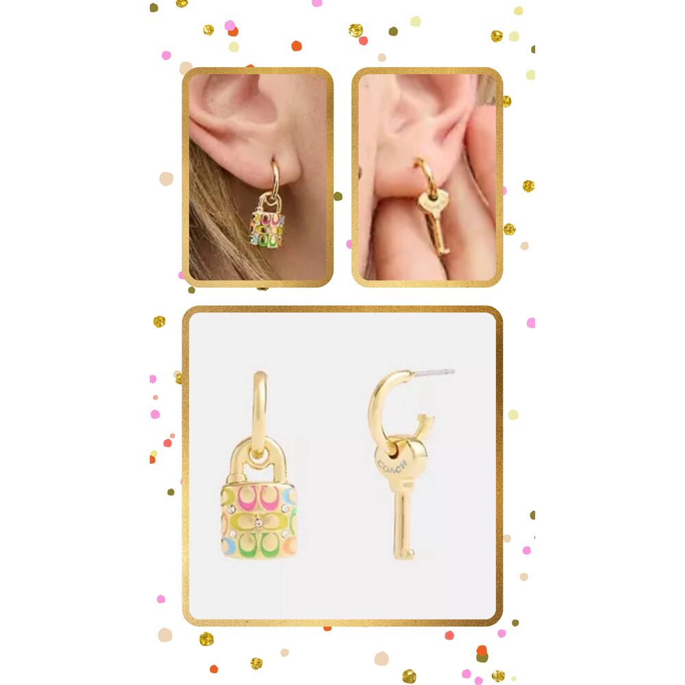 COACH Signature Rainbow Quilted Lock & Key Huggie Hoop Earrings